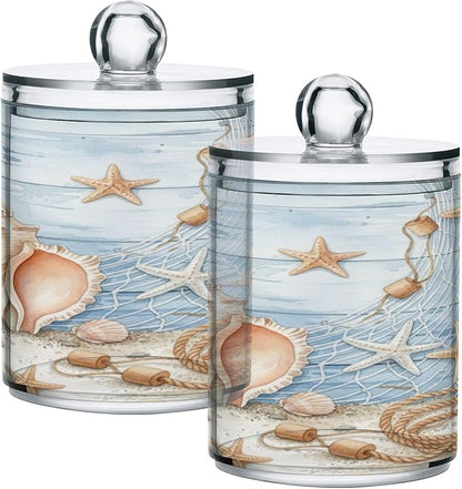 ALAZA 2pcs Starfish Seashell Tropical Beach Qtip Holder Dispenser 14 oz Bathroom Storage Clear Apothecary Jars Containers Cotton Ball,Cotton Rounds,Floss Picks, Hair Clips, Food