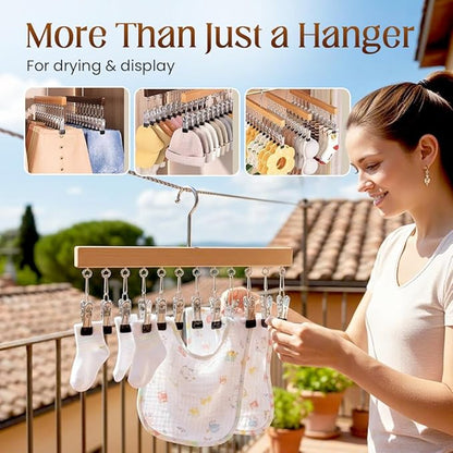 Closet Organizer with 10 Clips, Space Saving Hanging Closet Organizer, Space-Saving Hat Scarf Clothespins for Jeans Skirts Socks Pant Hangers with Clips (1, Dark-12 Clamps)