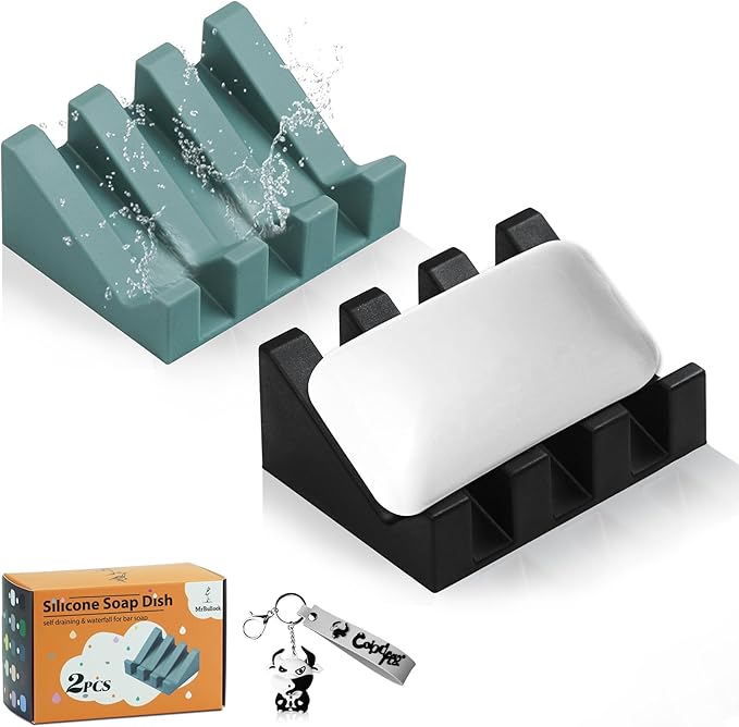 2 Pack Self Draining Silicone Soap Dish with Suction Cups - Non-Slip Bar Soap Holder for Shower & Kitchen, Waterfall Tray Keeps Soap Dry, Easy Clean, Extends Soap Life (Green-Black)