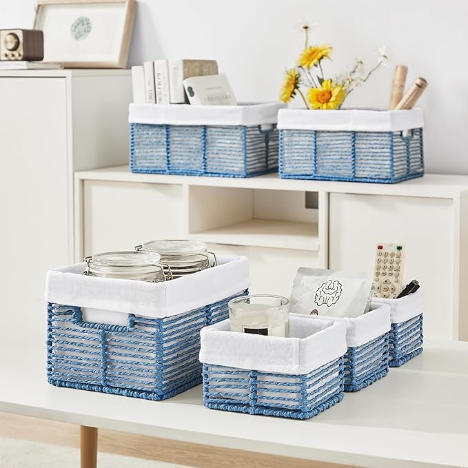 Vagusicc Wicker Storage Basket, 6 Pack Baskets for Organizing, Wicker Baskets with Handle, Rectangular Woven Basket for Storage Shelves, Cube Storage Bins for Closet/Clothes/Dresser, Blue