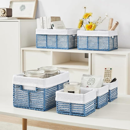 Vagusicc Wicker Storage Basket, 6 Pack Baskets for Organizing, Wicker Baskets with Handle, Rectangular Woven Basket for Storage Shelves, Cube Storage Bins for Closet/Clothes/Dresser, Blue