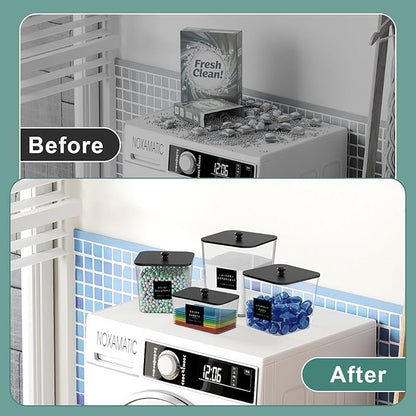 POLRAI 4 Pack Laundry Pod Containers and Dryer Sheet Holder with Bamboo Lids and Labels Laundry Room Organization Containers for Scent Booster Powder Detergent Pods Storage