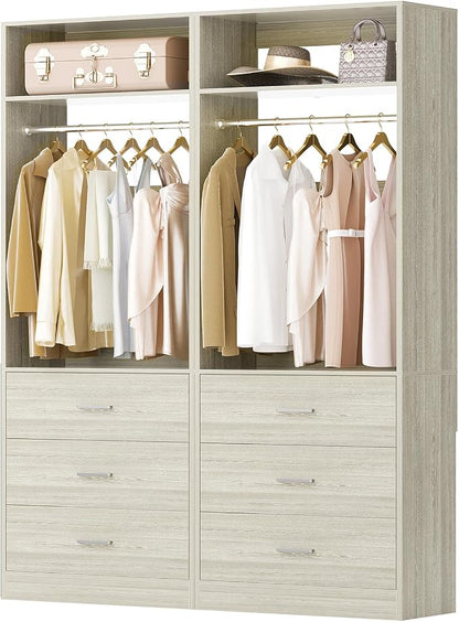 Besiost Closet System Set of 2, 4FT Closet Systems with 6 Wood Drawers, 48" Closet Organizer System with 2 Hanging Rods & 2 Shelves, Heavy Duty 48 Inch Walk-in Closet, White Oak (48"L x 15" W x 80" H)
