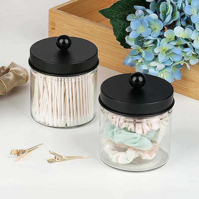 SheeChung Bathroom Organizers and Storage - 4Pack Qtip Holders Bathroom Canister Apothecary Jars for Cotton Swabs, Rounds, Balls, Qtips,Makeup Sponges, Flossers,Bath Salts - Black