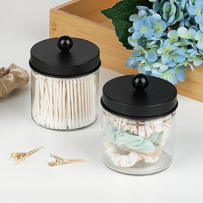 SheeChung Bathroom Organizers and Storage - 4Pack Qtip Holders Bathroom Canister Apothecary Jars for Cotton Swabs, Rounds, Balls, Qtips,Makeup Sponges, Flossers,Bath Salts - Black