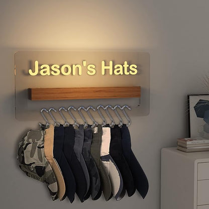 Lampeez Light up Hat Organizer, Personalized Hat Holder with Acrylic and Wood Materials and LED Lights, Hat Racks for Baseball Caps
