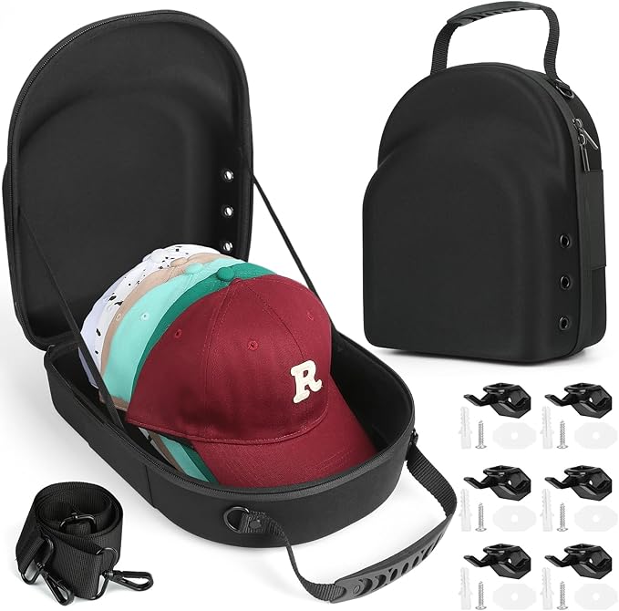 GERMUN Hard Baseball Hat Case with 6pcs Hat Hooks, Hat Carrier Travel Case with Adjustable Shoulder Strap, Hat Cap Case for 6 Baseball Caps - Perfect for Traveling (Black)