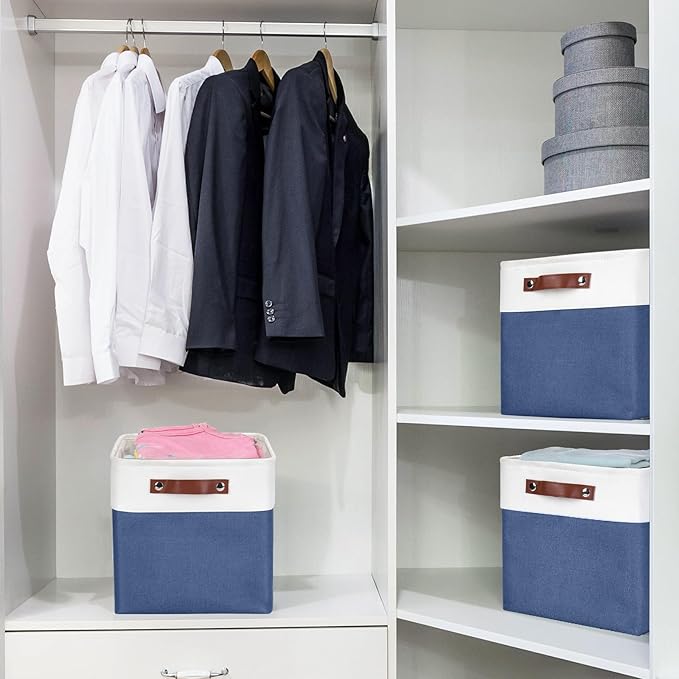 Bagnizer Collapsible Fabric Storage Cubes 11x11 Cube Storage Bins, 4 Pack Closet Baskets Box with Handles for Organizing, Shelf, Toys, Clothes, Home, Office, Nursery (Navyblue&White)
