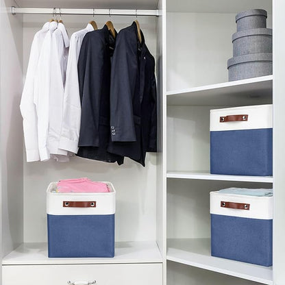 Bagnizer Collapsible Fabric Storage Cubes 11x11 Cube Storage Bins, 4 Pack Closet Baskets Box with Handles for Organizing, Shelf, Toys, Clothes, Home, Office, Nursery (Navyblue&White)