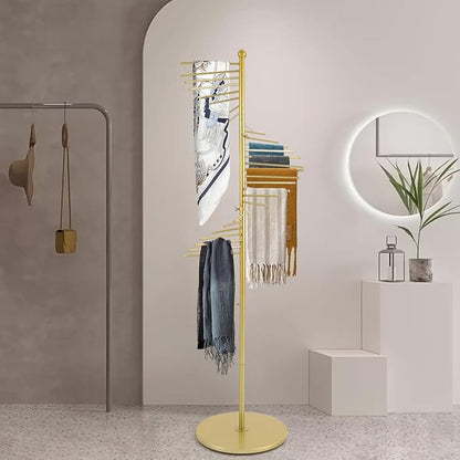 Freestanding Scarf Racks, Spiral Scarf Organizer Stand with 30 Hanger Rods, Metal Scarf Display Holder with Heavy Base for Clothing Store for Space Saving Shelves (Gold)