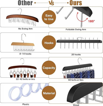 Tie Rack Hanger for Closet, 2 in 1 Belt Tie Hangers with 20 Folding Hooks, 360 Degree Rotating Wooden Tie Holder Organizer for Men Ties Belts Scarves Tank Tops Accessories, Black (1 Pack)