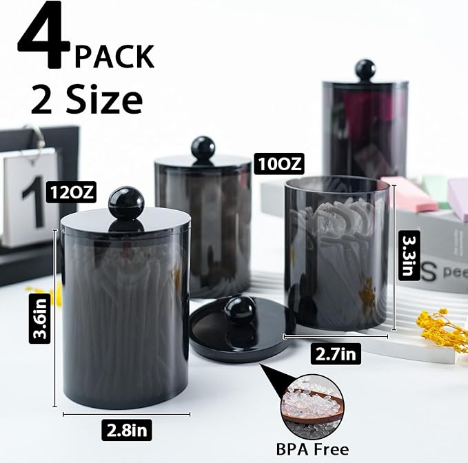 XIPENGKEJI 4 Pack Qtip Holder,Canister Apothecary Jar Set, Bathroom Jars with Lids Set for Cotton Swabs, Balls, Pads, Floss Picks,10oz-12oz Plastic Canisters Restroom Bedroom Vanity Organizer(Black)
