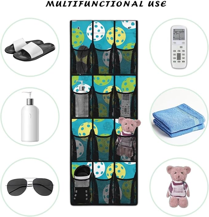 12-Pocket Storage Hanging Bag Behind the Door, Over the Door Organizer with Mesh Pockets for Shoes Essentials, Space Saving Door Organizer for Bedroom Dorm Closet, Pickleball Pattern