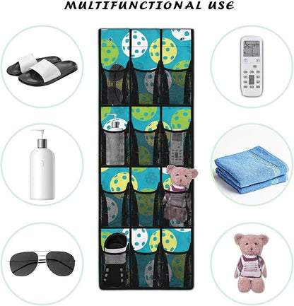 12-Pocket Storage Hanging Bag Behind the Door, Over the Door Organizer with Mesh Pockets for Shoes Essentials, Space Saving Door Organizer for Bedroom Dorm Closet, Pickleball Pattern