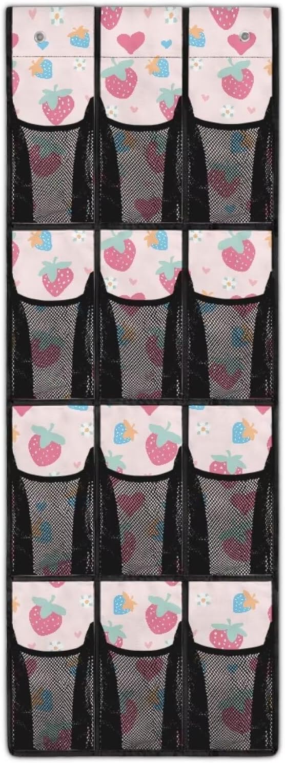 12 Pockets Shoe Organizer Over The Door Large Pockets Cute Strawberry Over The Door Closet Organizer Easy to Install Pink Shoe Holder Hanger for Living Room