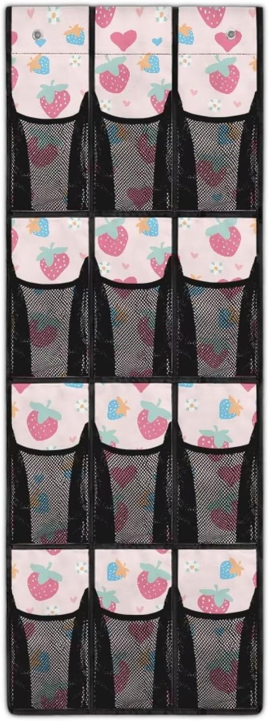12 Pockets Shoe Organizer Over The Door Large Pockets Cute Strawberry Over The Door Closet Organizer Easy to Install Pink Shoe Holder Hanger for Living Room