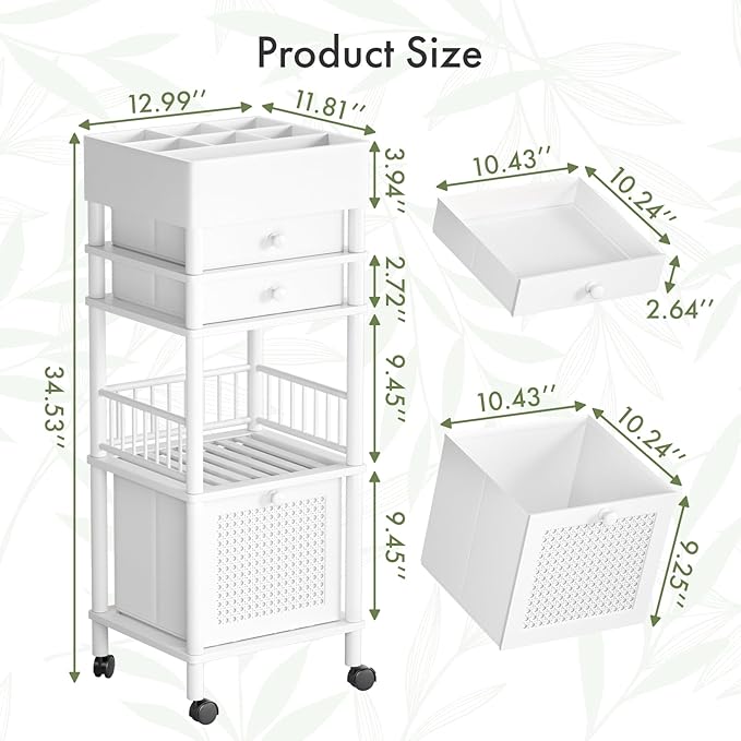 Amazer Bamboo Makeup Organizer Cart with 3 Drawers, Floor Skin Care Storage for Bathroom Bedroom, Rolling Vanity Organizer Cart for Cosmetic, Nail Polish, Perfume and Hair Tools, White