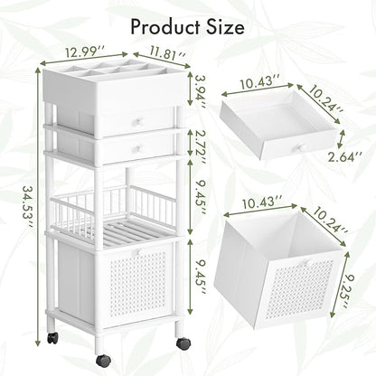 Amazer Bamboo Makeup Organizer Cart with 3 Drawers, Floor Skin Care Storage for Bathroom Bedroom, Rolling Vanity Organizer Cart for Cosmetic, Nail Polish, Perfume and Hair Tools, White
