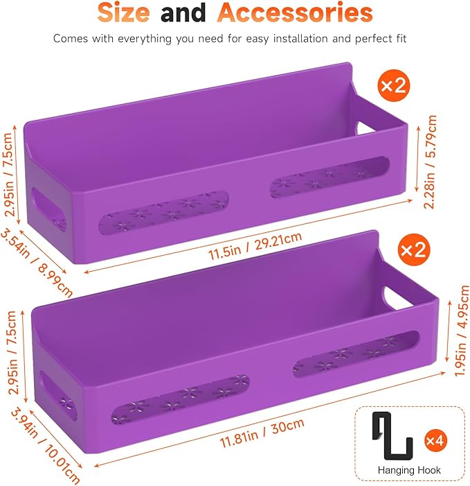 Sevenblue 4 Pack Strong Magnetic Spice Rack for Refrigerator, Multipurpose Magnetic Shelf for Fridge with 4 Hooks for kitchen and Bathroom Organization, Purple