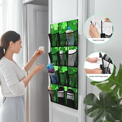 12-Pocket Storage Hanging Bag Behind the Door, Over the Door Organizer with Mesh Pockets for Shoes Essentials, Space Saving Door Organizer for Bedroom Dorm Closet, Lucky Leaf Pattern