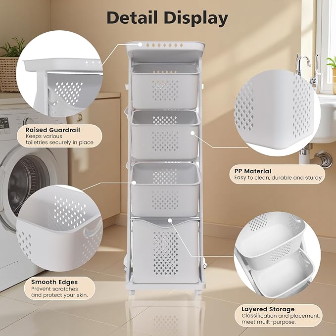 BAOKALER 4-Tier Laundry Hamper Sorter, Vertical Rolling Laundry Baskets with Wheels Removable, Stackable Laundry Cart Organizer and Storage for Small Space, Dorm, Closet, Bathroom
