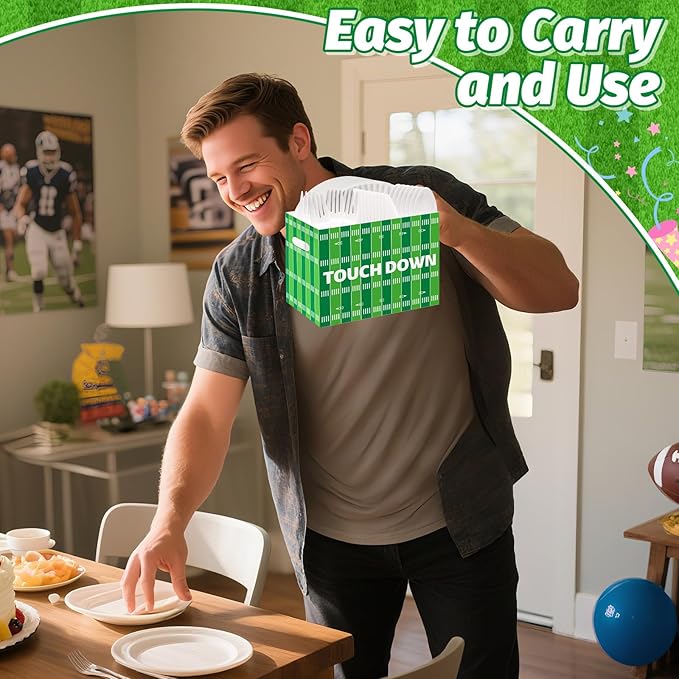 2PCS Football Utensil Holder Paper Utensil Caddy for Football Party Supplies Cutlery Holder with Handles Green Brown Party Favors Snack Box Disposable Cutlery Caddy for Sports Birthday Decorations