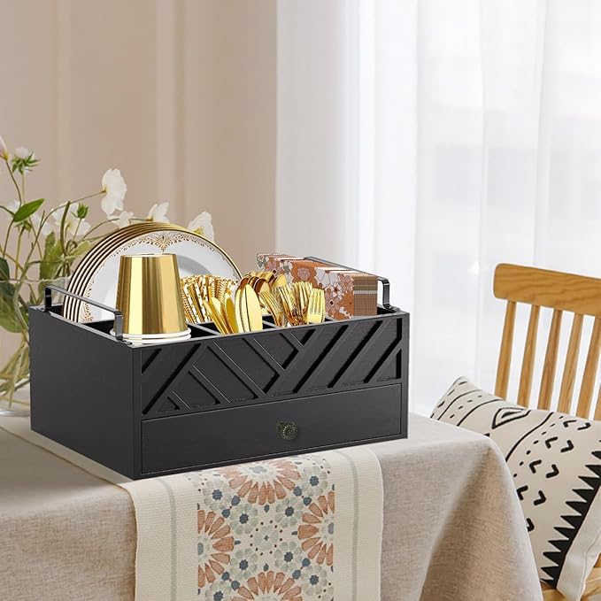 Paper Plate Holders With Drawer.Paper Plate Dispenser Organizer For Utensil Holder For Party.Wood Silverware Utensil Caddy For Kitchen Counter With Handle. Rustic Hosting Essentials For Flatware