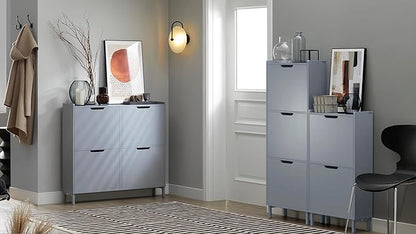 Haotian Slim Shoe Cabinet Entryway, Hidden Shoe Storage with Three Flip Drawers to Save Space, Freestanding Shoe Rack for Front Door, Entryway, Hallway Grey