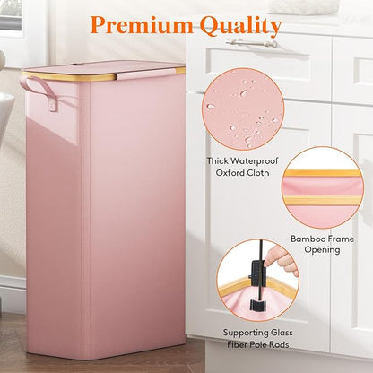 Lifewit 75L Slim Laundry Hamper with Lid, Narrow Laundry Basket with Removable Bag & Bamboo Handles, Fodable Thin Dirty Clothes Hamper for Laundry Collapsible Bin for Bathroom Bedroom Dorm, Pink