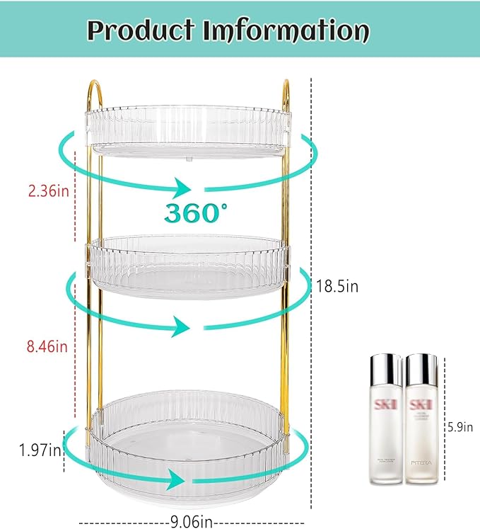 Skincare Organizers 360 Rotating, 3 Tier Round Makeup Organizer Countertop,Holder Rack Large Spinning Cosmetics Display Cases, Perfume Beauty Storage for Vanity, Countertop, Bathroom(White-3 Tier)