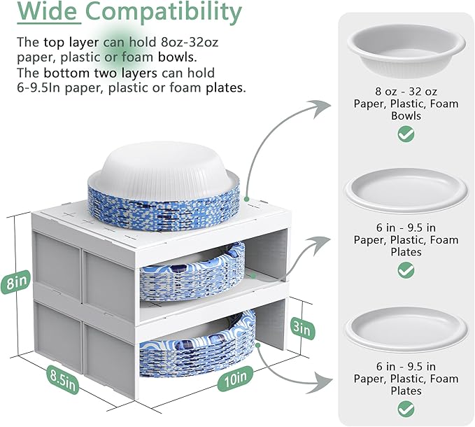 Paper Plate Dispenser and Paper Bowl Dispenser, Space-Saving Plastic, Foam, Disposable Plate and Bowl Organizer, Set of 2 Stackable Kitchen Organizer for Cabinet, Countertop, Shelf (White)