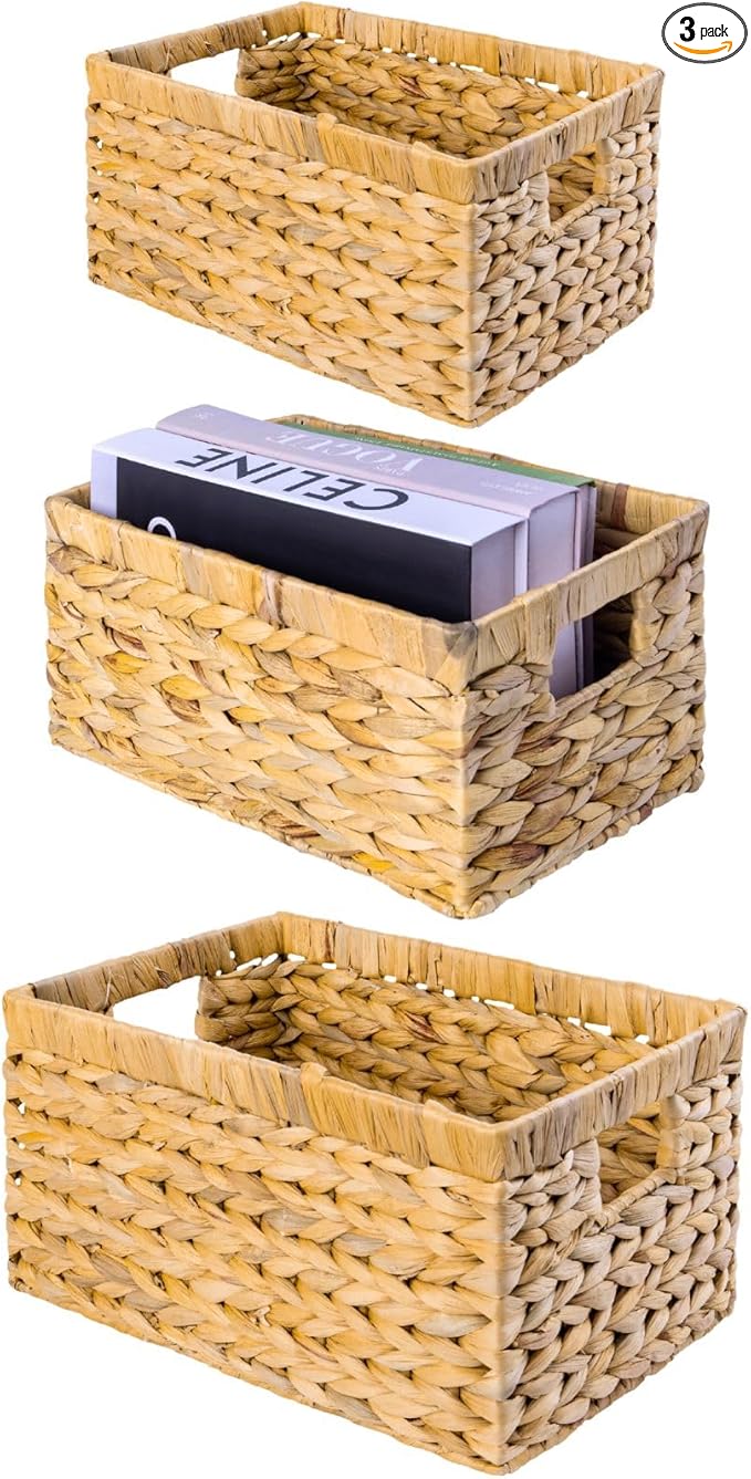 M4DECOR Set of 3 Wicker Storage Baskets for Shelves, Water Hyacinth Storage Baskets, Wicker Baskets for Storage, Kitchen Organizers and Storage Pantry (Set 3 SML)