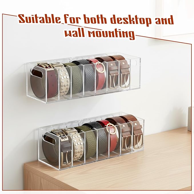 1 PCS Acrylic Belt Organizer, 7 Grids Belt Storage Organizer for Drawer with Lid and Handle Tie Holder Tabletop and Wall Mounted Tie Storage for Bedrooms and Dressing Rooms