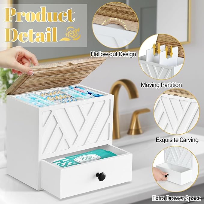Tampon Holder for Bathroom Decor, Feminine Product Organizer with Lid and Drawer, Shark Week Tampon Storage, Wood Pad and Tampon Organizer for Toilet Organizer, Bathroom Accessories Box for Girl Stuff