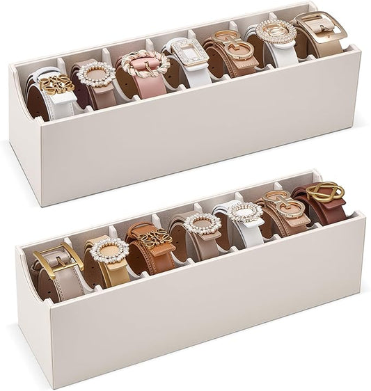 Lolalet 7 Compartments Belt Organizer, PU Leather Belt Holder with Soft Lining, Extra-Wide Slots for Women, Fits Drawer, Closet & Entryway Cabinet -2 Packs, Cream