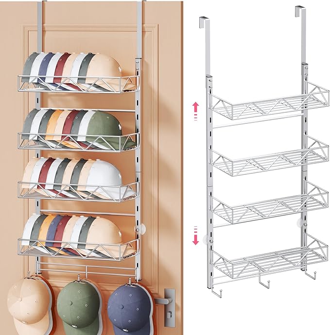 SWTYMIKI Over Door Hat Organizer - 5 Tier Wall Mounted Hat Rack with 4 Adjustable Metal Basket Heights Design and 3 Hooks, Baseball Cap Organizer Storage Holds up to 49 Caps for Door, Bedroom, Closet