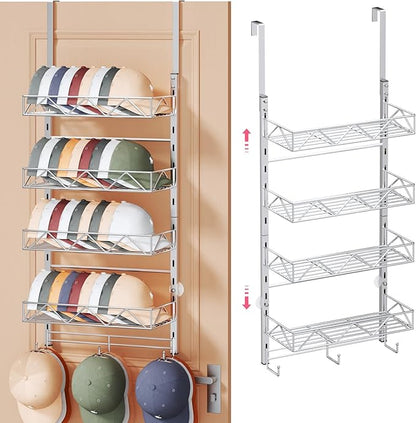 SWTYMIKI Over Door Hat Organizer - 5 Tier Wall Mounted Hat Rack with 4 Adjustable Metal Basket Heights Design and 3 Hooks, Baseball Cap Organizer Storage Holds up to 49 Caps for Door, Bedroom, Closet