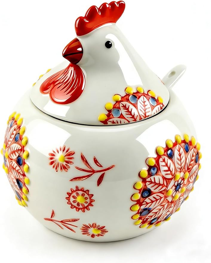 Ceramic Salt Cellar with Lid and Spoon 13oz Large Chicken Rooster Cookie Jar Salt Containers Holder for Counter, Coffee, Sugar, Spices and Candies Holder Ideal for Easter Day Home Kitchen Decor (Red)