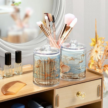 ALAZA 2pcs Starfish Seashell Tropical Beach Qtip Holder Dispenser 14 oz Bathroom Storage Clear Apothecary Jars Containers Cotton Ball,Cotton Rounds,Floss Picks, Hair Clips, Food