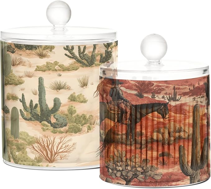 2 Pack Qtip Dispenser Apothecary Jars with Lids Cotton Round Holder Bathroom Canisters for Cotton Swab Floss Ball Pads Clear Plastic Decorative Cowboys Horses Cactus Desert