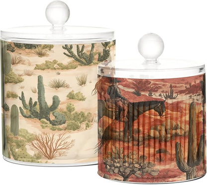 2 Pack Qtip Dispenser Apothecary Jars with Lids Cotton Round Holder Bathroom Canisters for Cotton Swab Floss Ball Pads Clear Plastic Decorative Cowboys Horses Cactus Desert