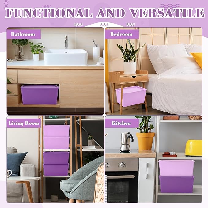 Menkxi 4 Pcs Storage Bins with Lids Plastic Stackable Containers for Organizing Shelves Christmas Ornament Box Baskets(Dark Purple, Light Purple,Small)