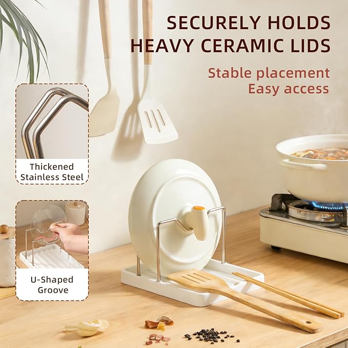 Pot Lid Holder and Spoon Rest, 2-in-1 Kitchen Counter Organizer with Stainless Steel Lid Holder While Cooking and Plastic Utensil Rest, Space Saving Pot Cover Rack for Stovetop and Countertop (White)