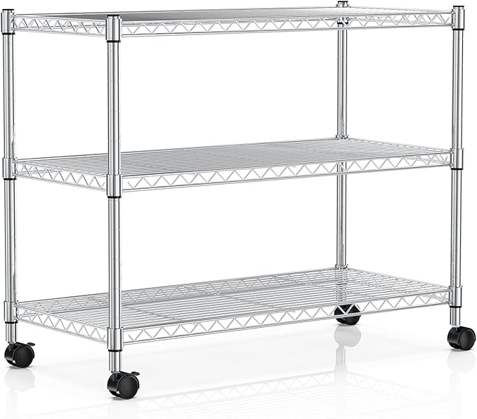 YSSOA Heavy Duty 3-Tier Storage Shelves 750Lb Capacity, 24.02" D x 13.78" W x 21.97" H Shelving Unit for Pantry, Garage, Laundry and Kitchen, Chrome