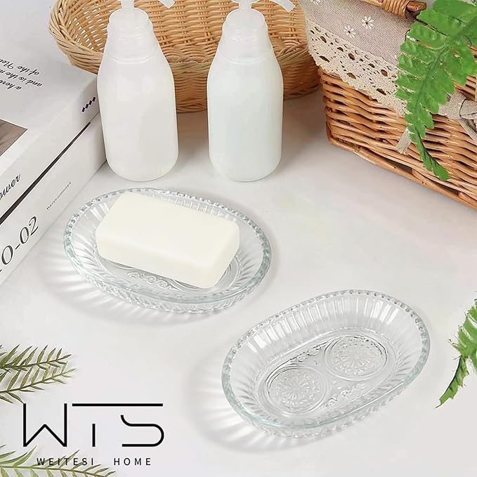 Clear Glass Soap Dish for Cleaner Shower, Oval Bar Soap Holder with Embossed Raised Sides for Bathroom Sink and Kitchen