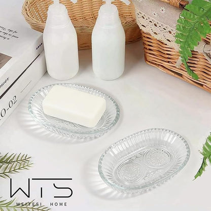 Clear Glass Soap Dish for Cleaner Shower, Oval Bar Soap Holder with Embossed Raised Sides for Bathroom Sink and Kitchen