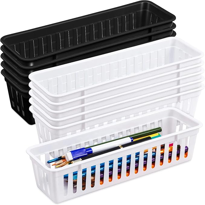 Domensi 12 Pack Slim Plastic Storage Baskets Tray for Organizing 10.25x3.25x2.5 Inch Small Narrow Storage Bins Stackable Drawer Pencil Trays Holder for Desk Garage Cabinet Container (White,Black)