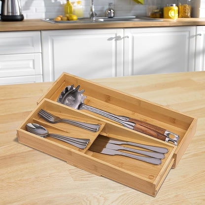 guiogc Bamboo Kitchen Drawer Organizer, Silverware Organizer Expandable Utensil Holder with Removable Knife Block, Cutlery Tray with Drawer Dividers for Kitchen Utensils and Flatware