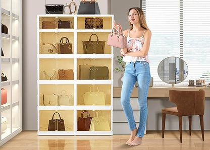 CIMLORD 5-Tier Foldable Shoe Rack Organizer for Closet 10Pairs Plastic Collapsible Shoes Storage Box Clear Shoe Boxes Stackable with Door Easy Assembly Shoe Cabinet Bins with Lids Large