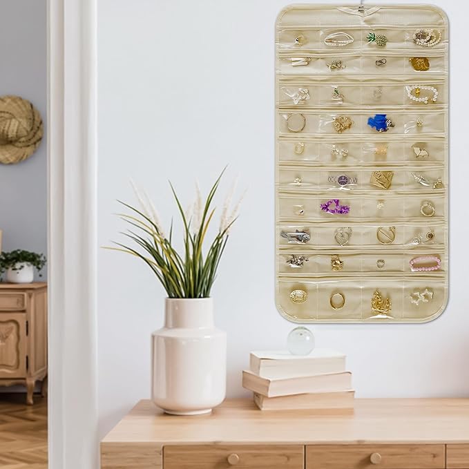 Hanging Jewelry Organizer Storage Roll with Hanger Metal Hooks Double-Sided Jewelry Holder for Necklaces, Earrings, Rings on Door, Wall, Closet, 80 Pocket Organizer,Beige